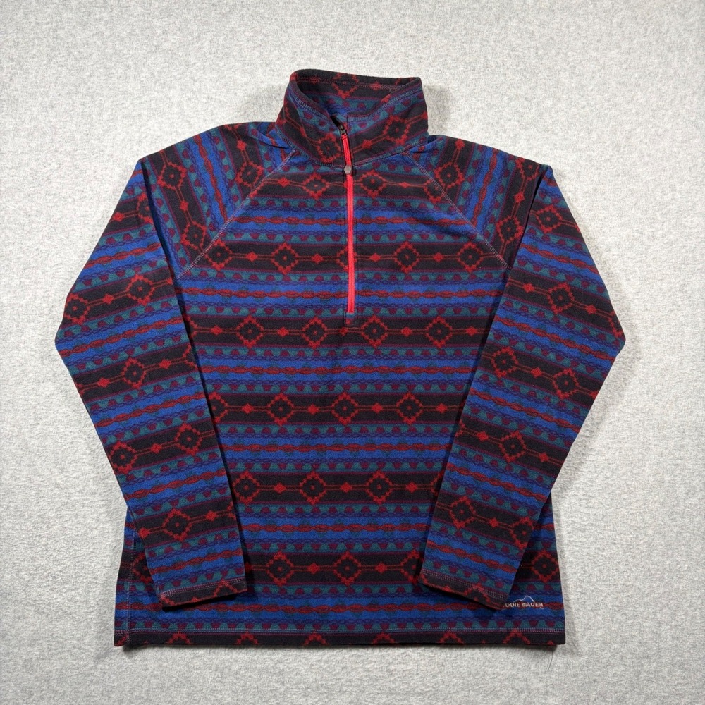 Eddie Bauer Quest Fleece 1/4 Zip Pullover Women Large Blue Red Geometric Hiking